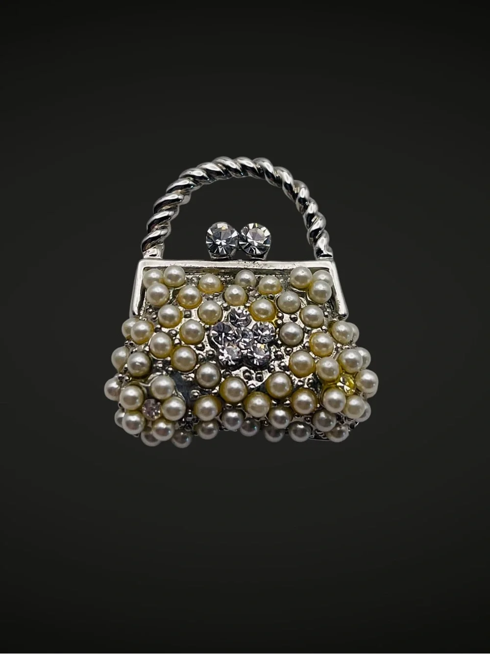 Dazzling Vintage Pearl and Rhinestone Purse Brooch Dainty Petite Estate Pc